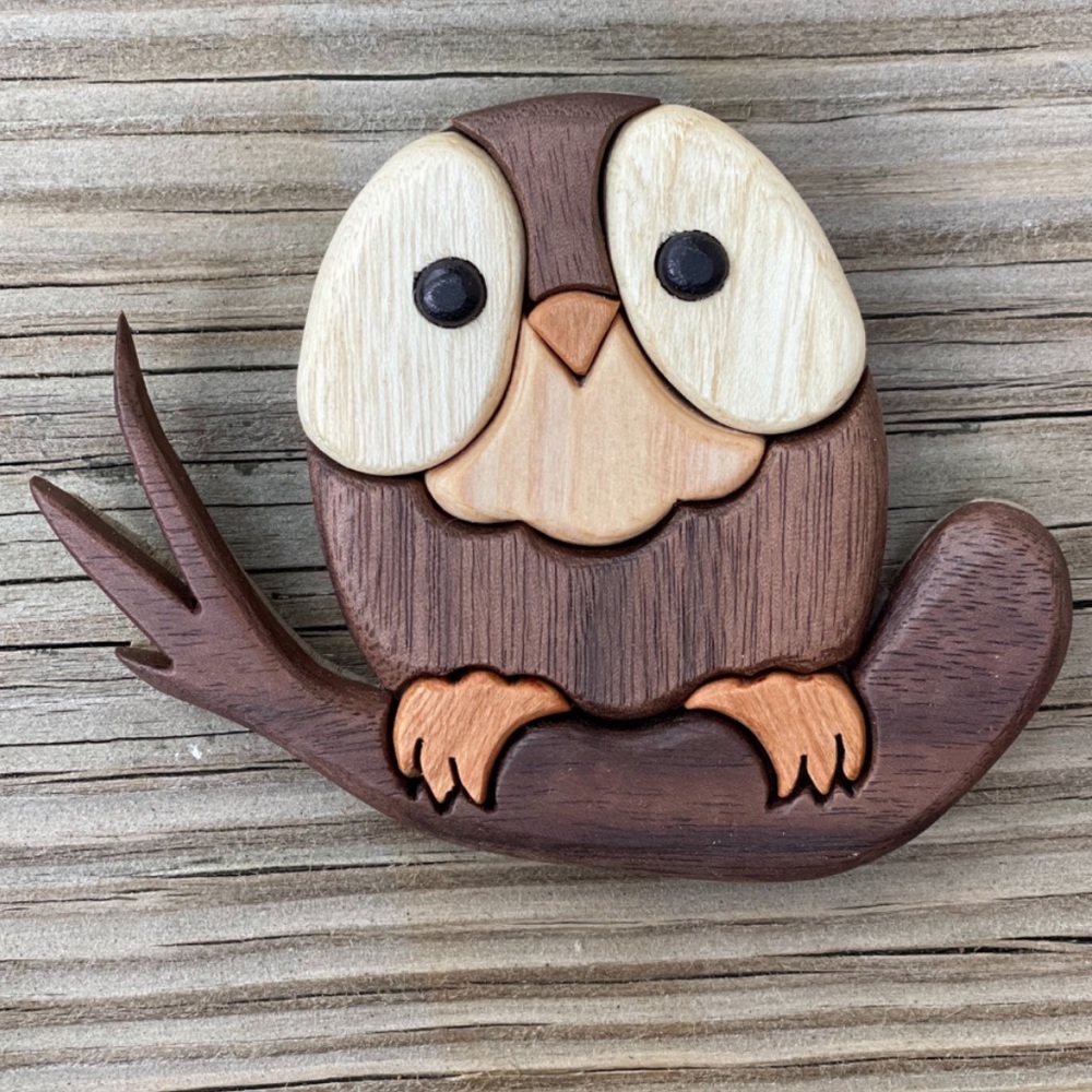 Intarsia Wooden Owl Wall Art Cedar Cherry Walnut Coshocton Handmade 4x6